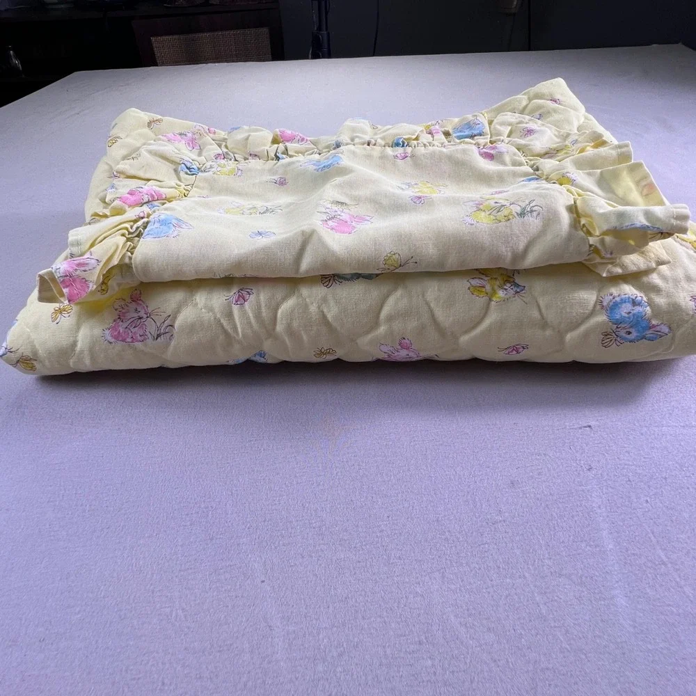 Vintage Bunny Butterfly Baby Quilt Blanket and Ruffled Pillow Sham Set Yellow